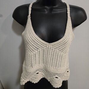 H&M  Sz S Beige Crochet Knit Crop Festival Hippie BoHo Vegan Tank Top Pullover
